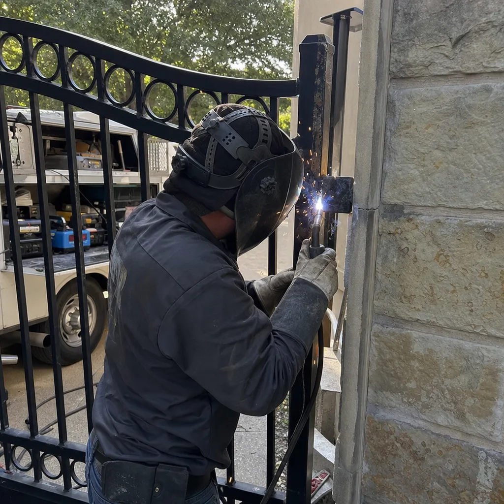 Professional welder performing gate repair and metal fence maintenance