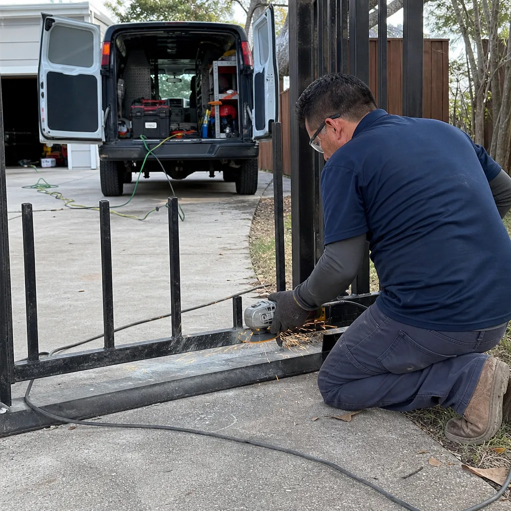 Technician using an angle grinder to repair a residential metal gate